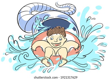 A joyful boy goes down the slide in the water park. Splashes of water fly in all directions. The child is a little scared.