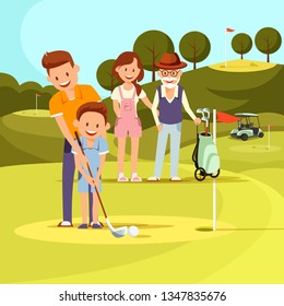 Joyful Boy Hit Ball with Golf Club Aiming at Hole with Fathers Help. Happy Dad Showing How to Play to Little Son. Mother and Grandfather Stand Behind. Family Leisure. Cartoon Flat Vector Illustration.
