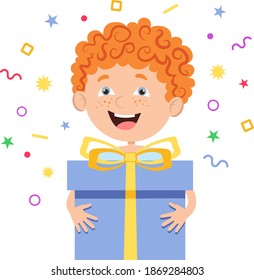 Joyful boy holding a box with a gift.