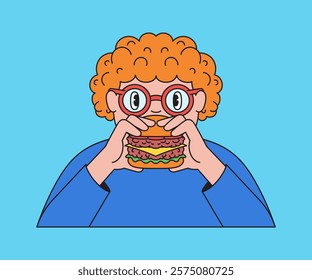 joyful boy holding a large burger, designed in a bright cartoon hand drawn illustration vector style