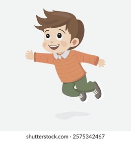 Joyful Boy Jumping in the Air. A delightful cartoon illustration of a happy boy jumping with arms wide open, expressing pure joy and excitement