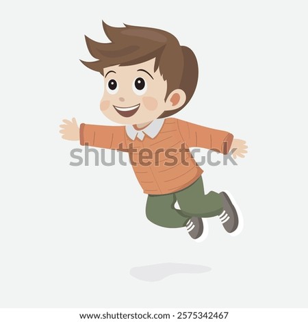 Joyful Boy Jumping in the Air. A delightful cartoon illustration of a happy boy jumping with arms wide open, expressing pure joy and excitement
