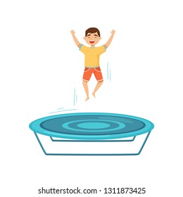 Joyful boy jumping on a trampoline with hands up. Children leisure. Active recreation. Flat vector design