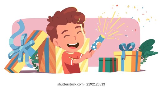 Joyful boy kid shooting confetti popper celebrating birthday. Happy child person cartoon character with big party presents gift boxes. Celebration joy, holiday fun concept flat vector illustration