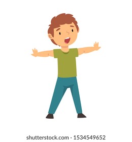 Joyful boy opened his hands cartoon vector illustration