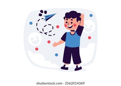 Joyful Boy Playing Paper Airplane in Playful Illustration