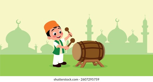 joyful boy playing traditional drum in front of mosques
