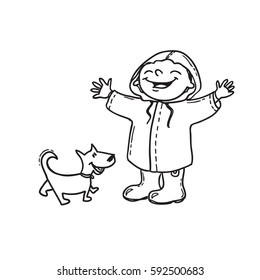 Joyful boy in raincoat with dog. Hand drawn doodle, Spring concept.