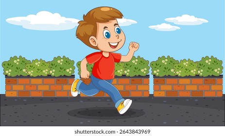 A joyful boy in a red shirt runs energetically on a sunny day, surrounded by greenery and a brick wall