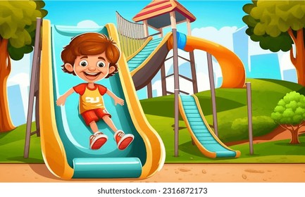 A joyful boy is rolling down a hill. Vector illustration