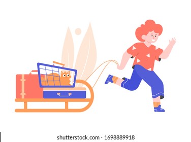 Joyful boy runs and carries a sled with his things. Suitcases and cat. For adventures with pet. Children's relocation. Vector flat illustration.