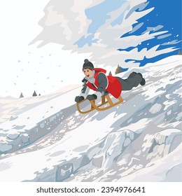 a joyful boy rushes on a sled down the mountain
