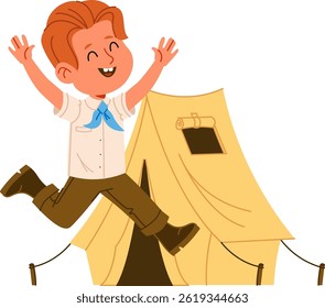 A joyful boy in scout uniform leaps near a camping tent drawn in a cheerful cartoon style.  A young camper celebrates adventure at a campsite with his shelter. Cartoon vector illustration