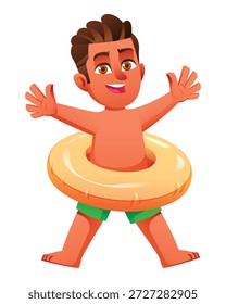 Joyful boy standing with a yellow inflatable swimming ring around his waist waving. Vector cartoon illustration