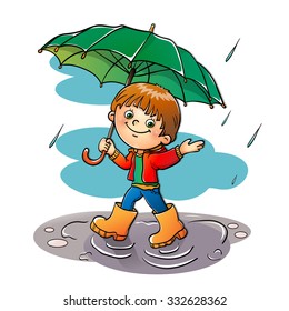 Joyful boy  walking in the rain isolated on white 