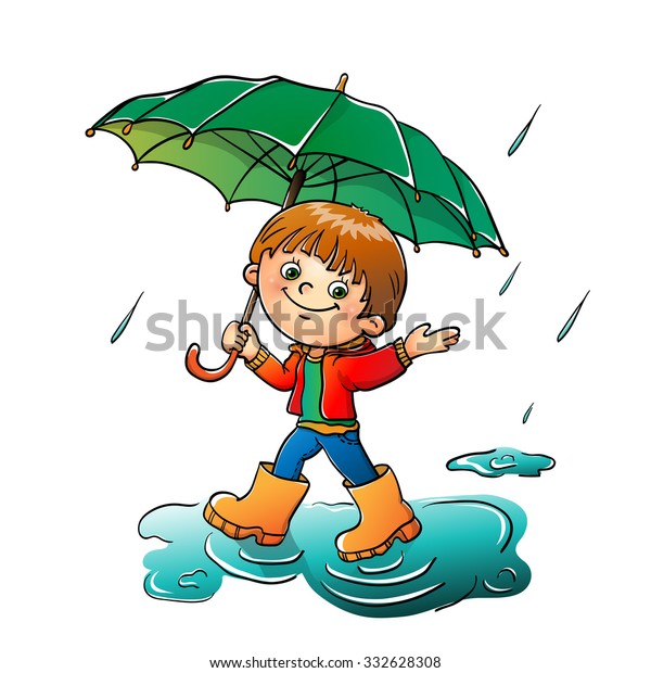 Joyful Boy Walking Rain Isolated On Stock Vector (Royalty Free ...