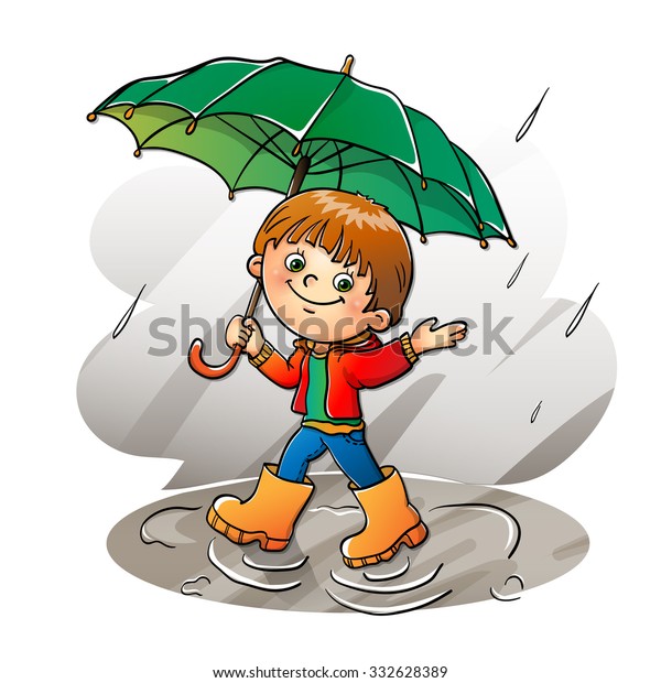 Joyful Boy Walking Rain Isolated On Stock Vector (Royalty Free ...