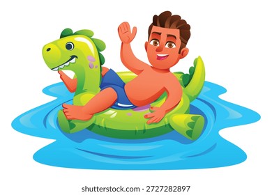 Joyful boy waves from a green dinosaur shaped inflatable float floating on blue water. Vector cartoon illustration
