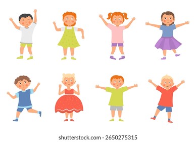 Joyful boys and girls cartoon kids inclusive healthcare disabled child characters happy smiling preschool education outdoor activities playful fun active diverse friendship youth school vector design 