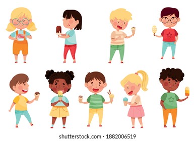 Joyful Boys and Girls Holding and Eating Ice Cream Vector Set