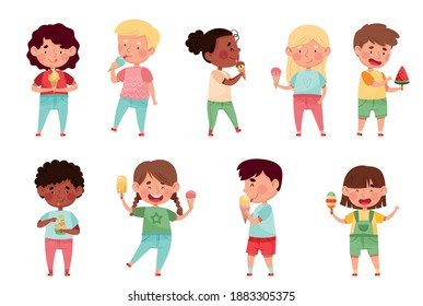 Joyful Boys and Girls Holding and Eating Ice Cream Vector Set