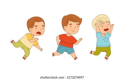 Joyful boys jumping and playing together cartoon vector illustration