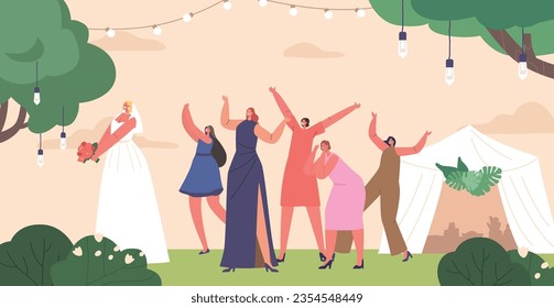 Joyful Bride Character Playfully Tosses Her Bouquet To Single Friends, Symbolizing Hopes For Their Future Marriages