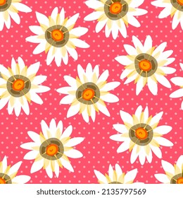 Joyful bright floral pattern with large daisies on a crimson background with white polka dots. Seamless print for summer fabric.