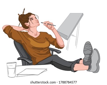 Joyful brunette dressed in brown sweater, black pants and gray footwear sitting in chair and her feet on the desk thinking. Painter workplace. Vector