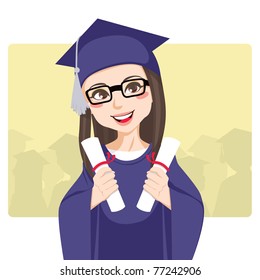 Joyful brunette with eyeglasses celebrating graduation day holding two diplomas on her hands smiling