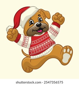 Joyful Bulldog Mascot Wearing Christmas Sweater.