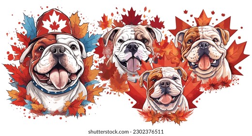 A joyful bulldog wearing a Canadian flag bandana in canada day.Illustration of T-shirt design graphic.	
