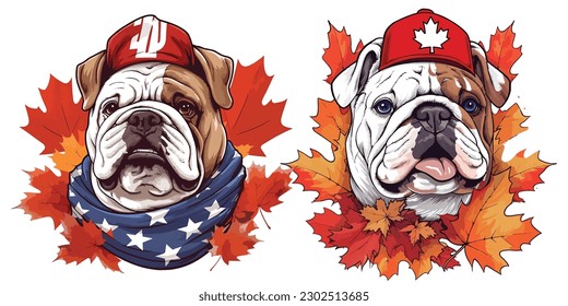 A joyful bulldog wearing a Canadian flag bandana in canada day.Illustration of T-shirt design graphic.	
