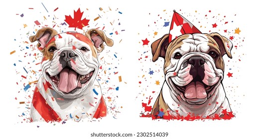 A joyful bulldog wearing a Canadian flag bandana in canada day.Illustration of T-shirt design graphic.	
