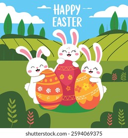 Joyful Bunnies Celebrate Easter Fun,Cute Easter Bunnies Holding Eggs,Springtime Bunny Egg Hunt Delight,Happy Rabbits with Colorful Eggs.