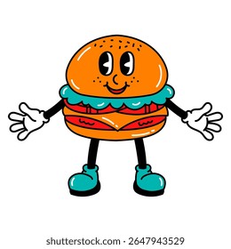 A joyful burger character walks with a smile, expressing happiness, charm, and creativity in a vibrant cartoon-style food-themed visual.