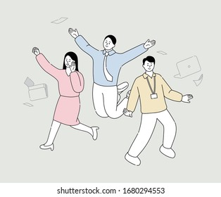 Joyful Business People Illustration Set. Free, Excited, Throwing, Happiness. Vector Drawing. Hand Drawn Style.