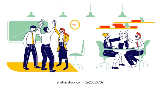 Joyful Business People Rejoice and Giving Highfive after Successful Deal or Contract Signing. Managers Team, Businessmen and Businesswomen Teamwork Group. Cartoon Flat Vector Illustration, Line Art