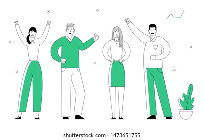 Joyful Business People Stand in Line. Managers Team Perfect Teamworking Group. Businessmen and Businesswomen Characters Creative Office Employees. Cartoon Flat Vector Illustration in Line Art Style