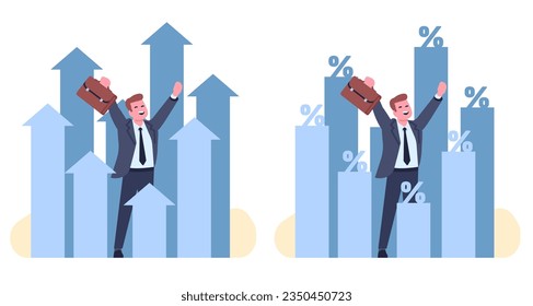 Un empresario alegre en torno al aumento de los índices de crecimiento económico. Las flechas y los gráficos porcentuales crecen. Beneficio comercial. Progreso financiero. Aumenta el dinero. Infografía bancaria