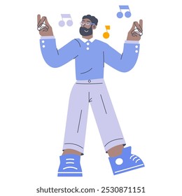 Joyful businessman dancing concept. A man in office attire celebrates success with music notes around. Professional achievement and happiness. Vector illustration.