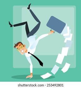 Joyful businessman doing handstand