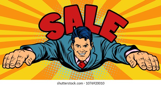 Joyful businessman flies, sale. Pop art retro vector illustration comic cartoon kitsch drawing