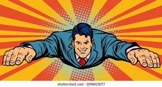 Joyful businessman flying, superhero. Pop art retro vector illustration comic cartoon kitsch drawing