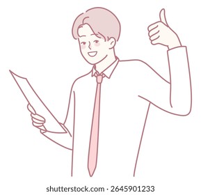 A joyful businessman giving a thumbsup while confidently holding a document, symbolizing career success