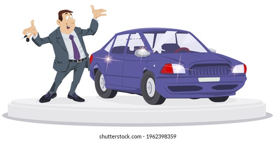 Joyful businessman. Happy car buyer. Man holding keys to his new car. Illustration concept for mobile website and internet development.