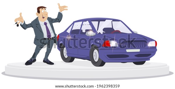 Joyful businessman. Happy car buyer. Man\
holding keys to his new car. Illustration concept for mobile\
website and internet\
development.