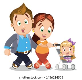 Joyful businessman hugging his pretty wife with infant and going to somewhere. Loving couple walking with baby in stroller. Vector cartoon illustration isolated on white background.
