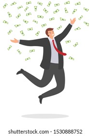 Joyful businessman jumping with happiness under falling money bills. Business success concept vector illustration
