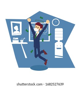 Joyful businessman jumping in office room. Front view. Color vector cartoon illustration. Poster for end quarantine coronavirus